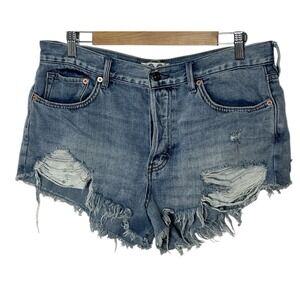 We The Free People Jean Shorts Women's 30 Blue Button Fly Distressed‎ High Rise